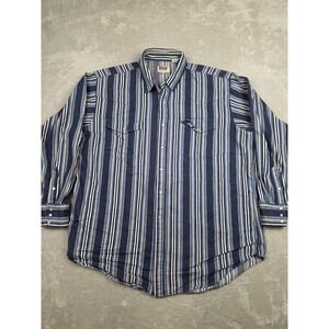 Vintage Ely Cattleman Denim Western Shirt Mens XXL Blue Striped Pearl Snap *Read